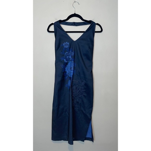 Vintage 90s CDC Navy Satin Halter Blue Roses Cocktail Dress Size 8 - Picture 2 of 7